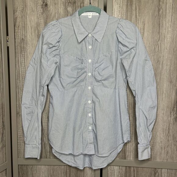 Veronica Beared Button Up Shirt Puff Long Sleeve Professional Striped Size 4 - Picture 1 of 10